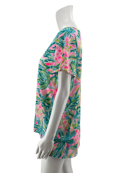Lilly Pulitzer Michele V-Neck Top Chin Chin Floral Print Pink Turquoise Size Large