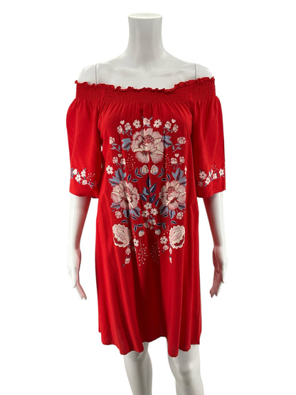 Chelsea &amp; Violet Red Floral Embroidered Off-Shoulder Dress | Size XS