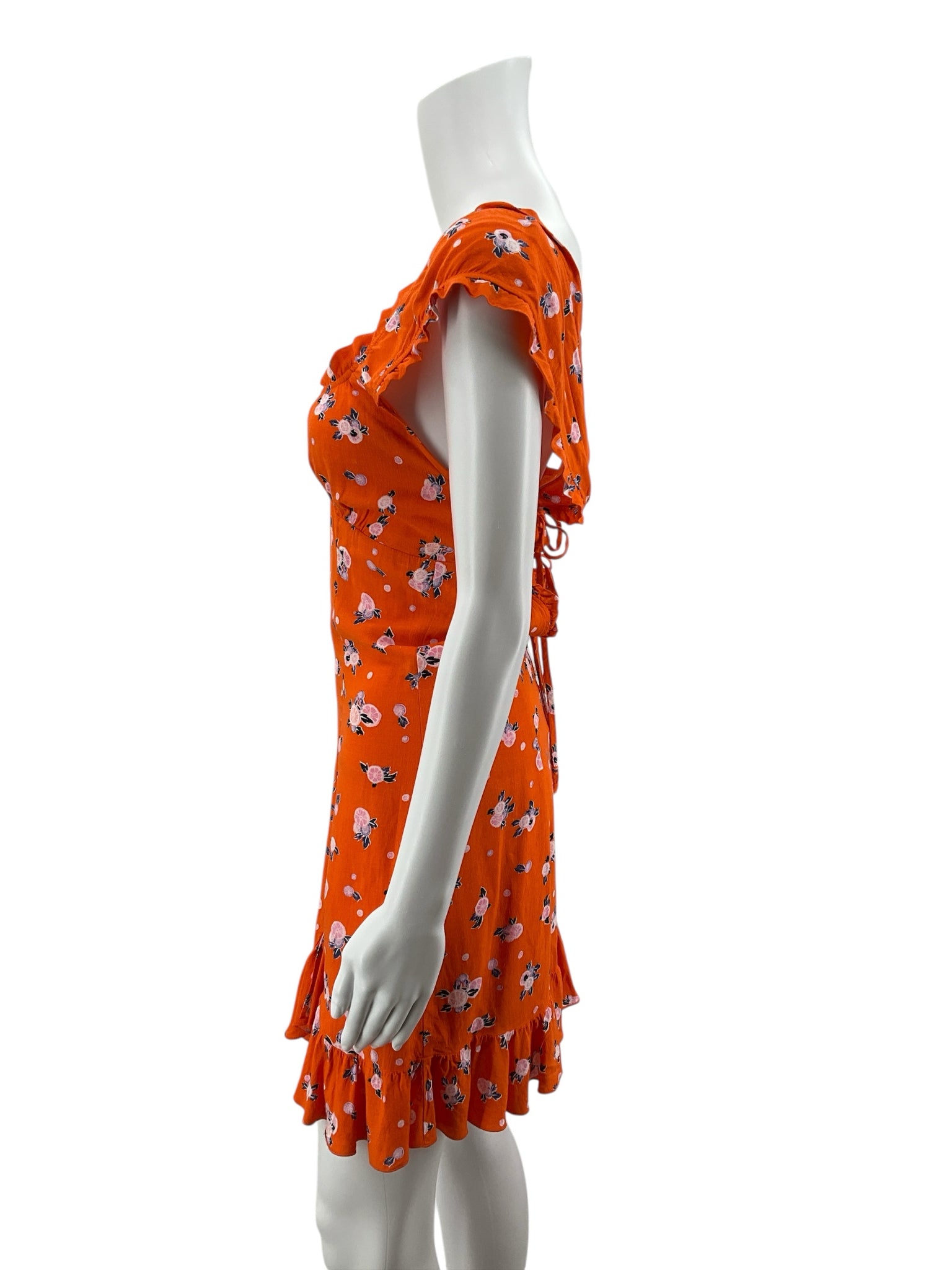 Free People Happy Feelings Floral Mini Dress XS Orange Lace Up Back