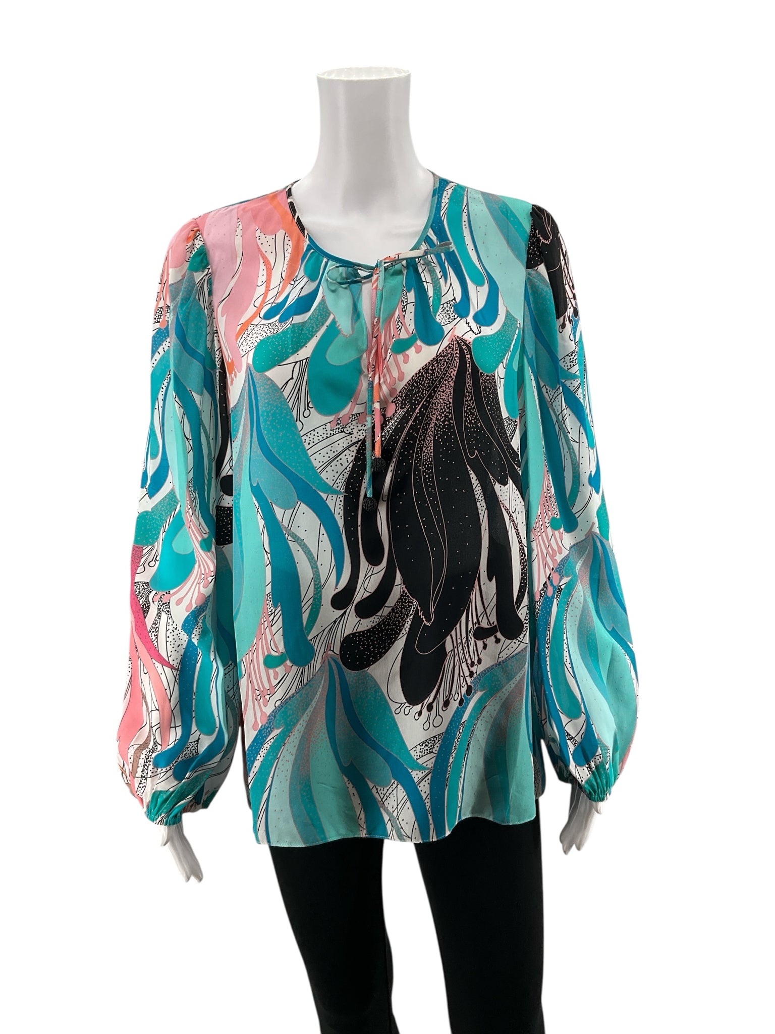 Kobi Halperin Teal/Pink/Blush Long Sleeve Maeve Blouse Size Medium Teal Pink Floral 100% Silk Bohemian Top - Size M