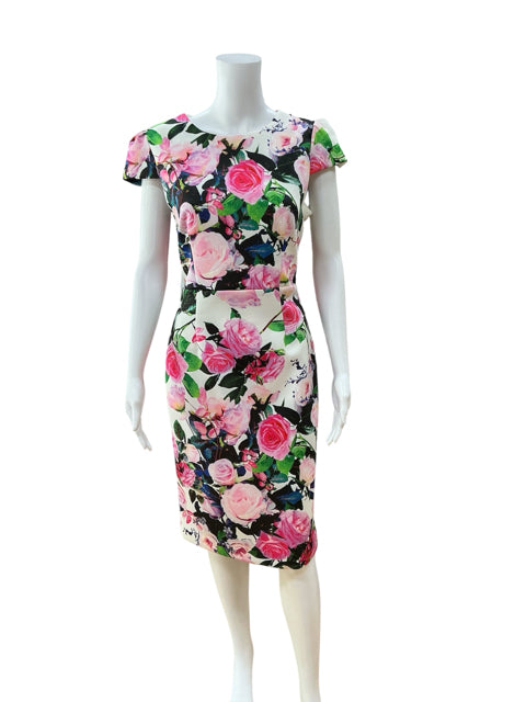 Betsey Johnson Floral Scuba Sheath Midi Dress Pink &amp;amp; Blue Rose Print Size 8