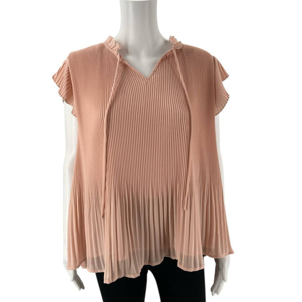 Voy Ruffle Top - Pink Size Small with pleated texture and flutter sleeves, pre-owned with tags, ideal for casual or semi-formal wear.