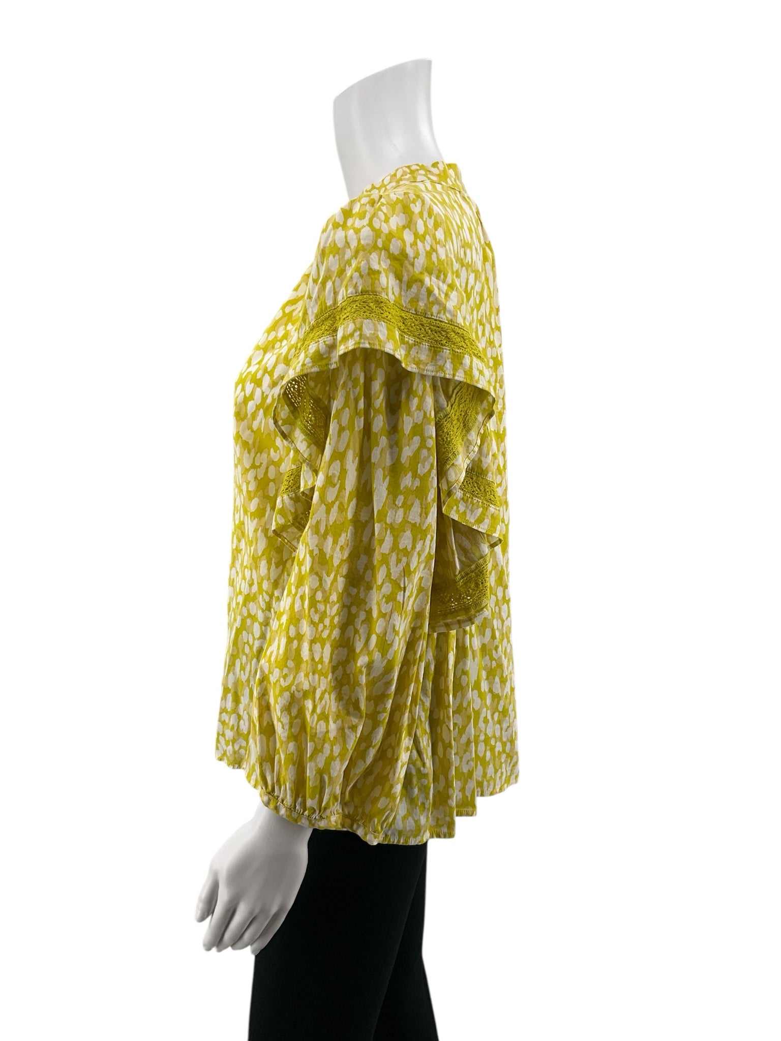 WHO WHAT WEAR mustard/white 3/4 Sleeve Mustard &amp; White Animal Print Ruffle Sleeve Blouse Top Size XL - Size XL