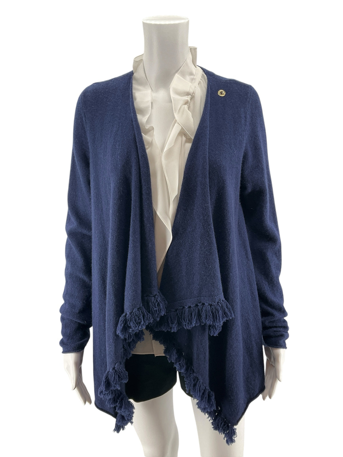 Lilly Pulitzer Amalie Navy Blue 100% Cashmere Fringe Cardigan Shrug Size Medium