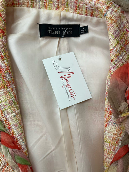 Teri Jon Orange/Green Tweed Pre-Owned Ladies 2 Piece Skirt Suit - Size 2