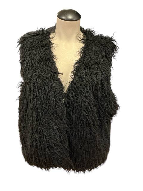 WD-NY Black Vest Size XL with shaggy faux fur texture, perfect for layering. Shop this versatile outerwear at Margaret’s Fine Consignments.