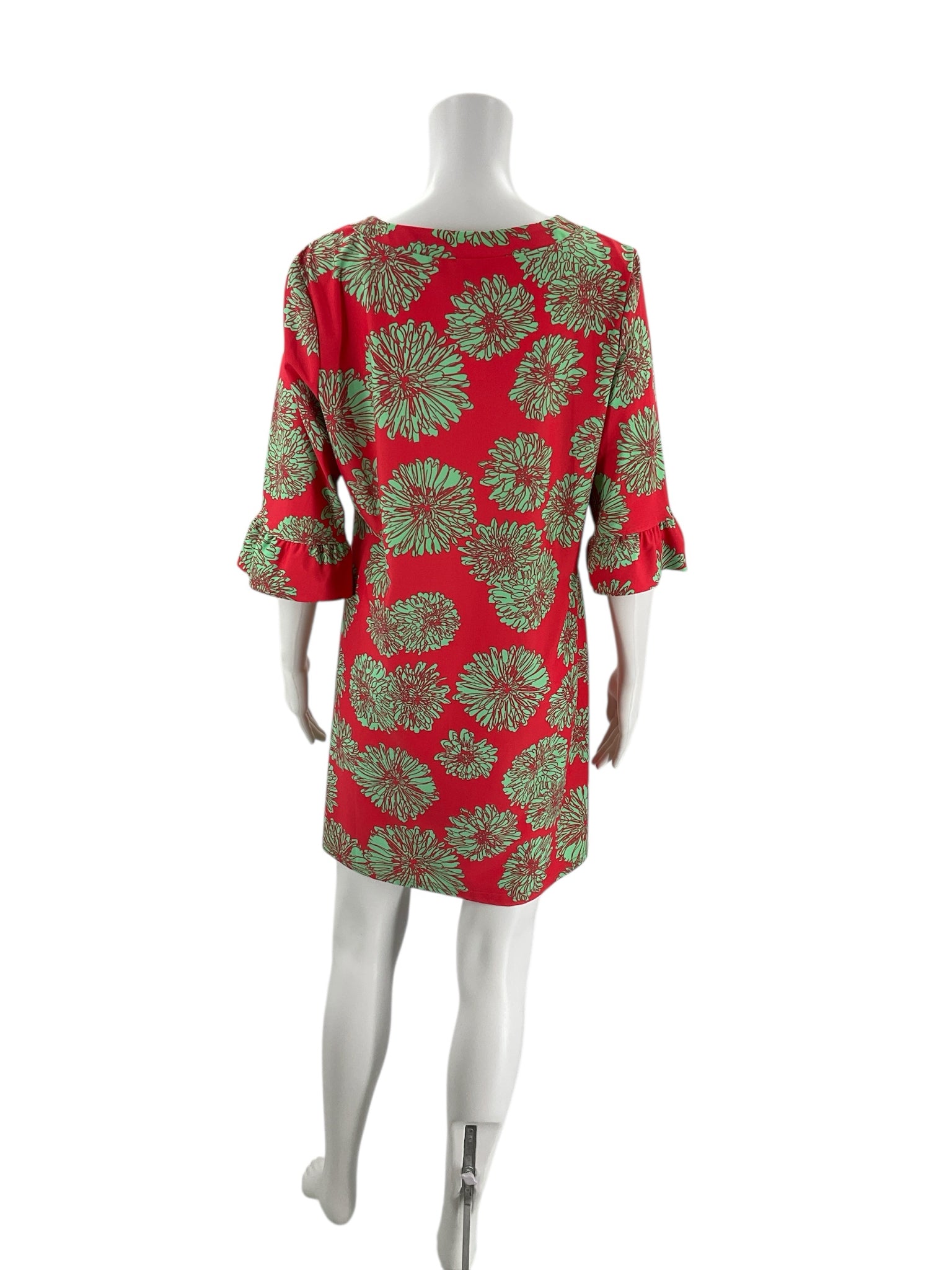 Back view of Aryeh Coral/Green Print Dress - Size Large showing relaxed fit and vibrant floral design, perfect for casual occasions.