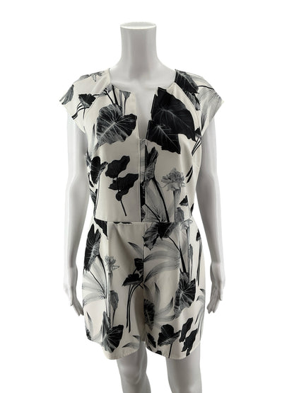Ark &amp; Co Tropical Leaf Print Cap Sleeve Romper White Charcoal Size Large
