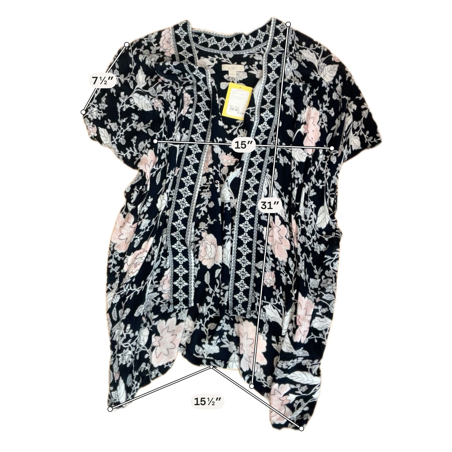 LOFT Floral Kimono Shrug Open Front Cardigan Navy Pink XS/S