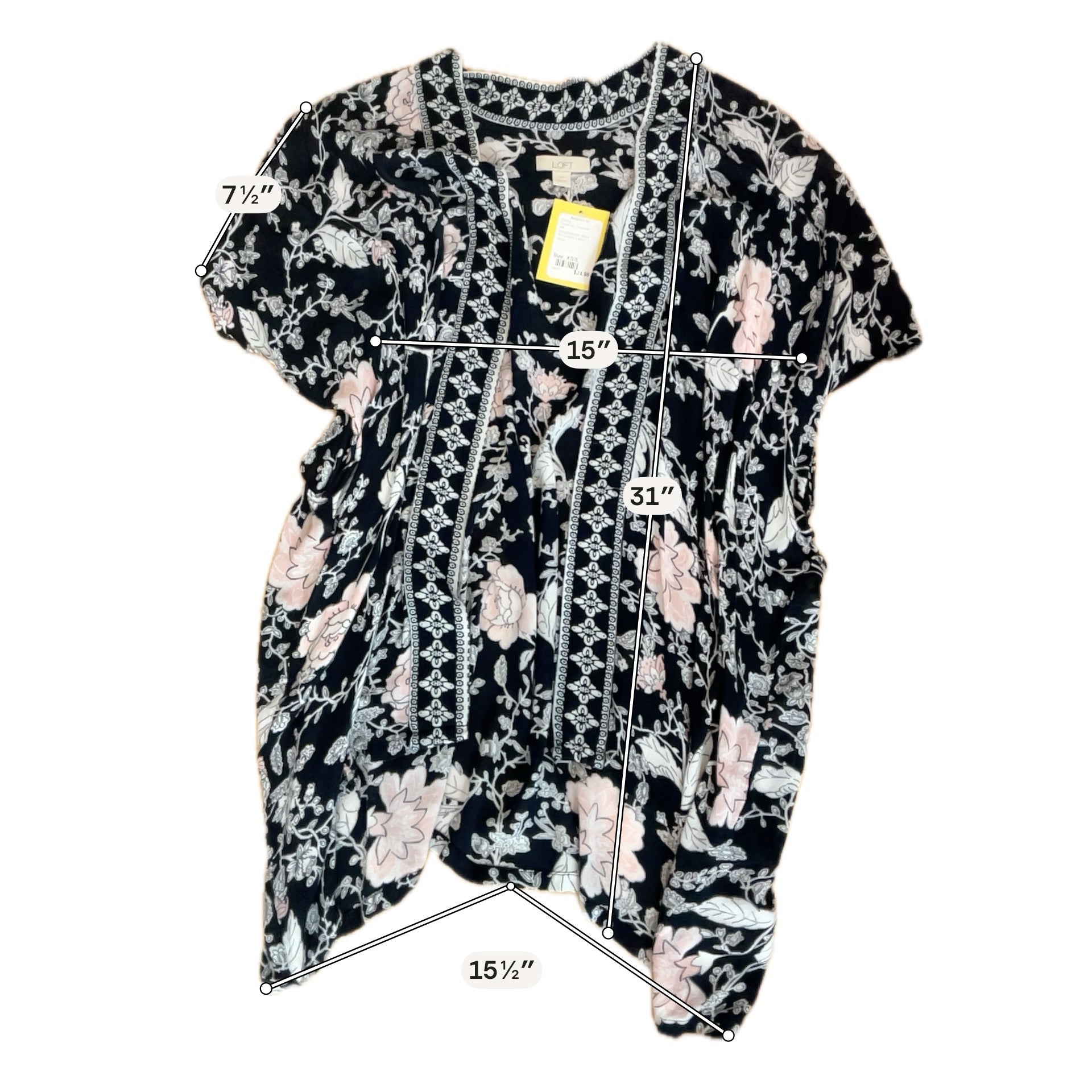 LOFT Floral Kimono Shrug Open Front Cardigan Navy Pink XS/S