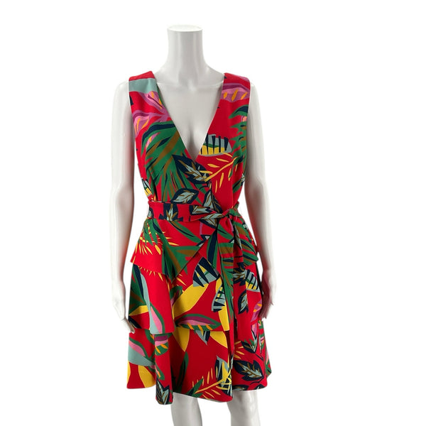 Alex Marie Dress | Floral Print | Pink/Blue/Green | Size 14 | Pre-Owned sleeveless V-neck dress with bold tropical floral pattern and waist tie.