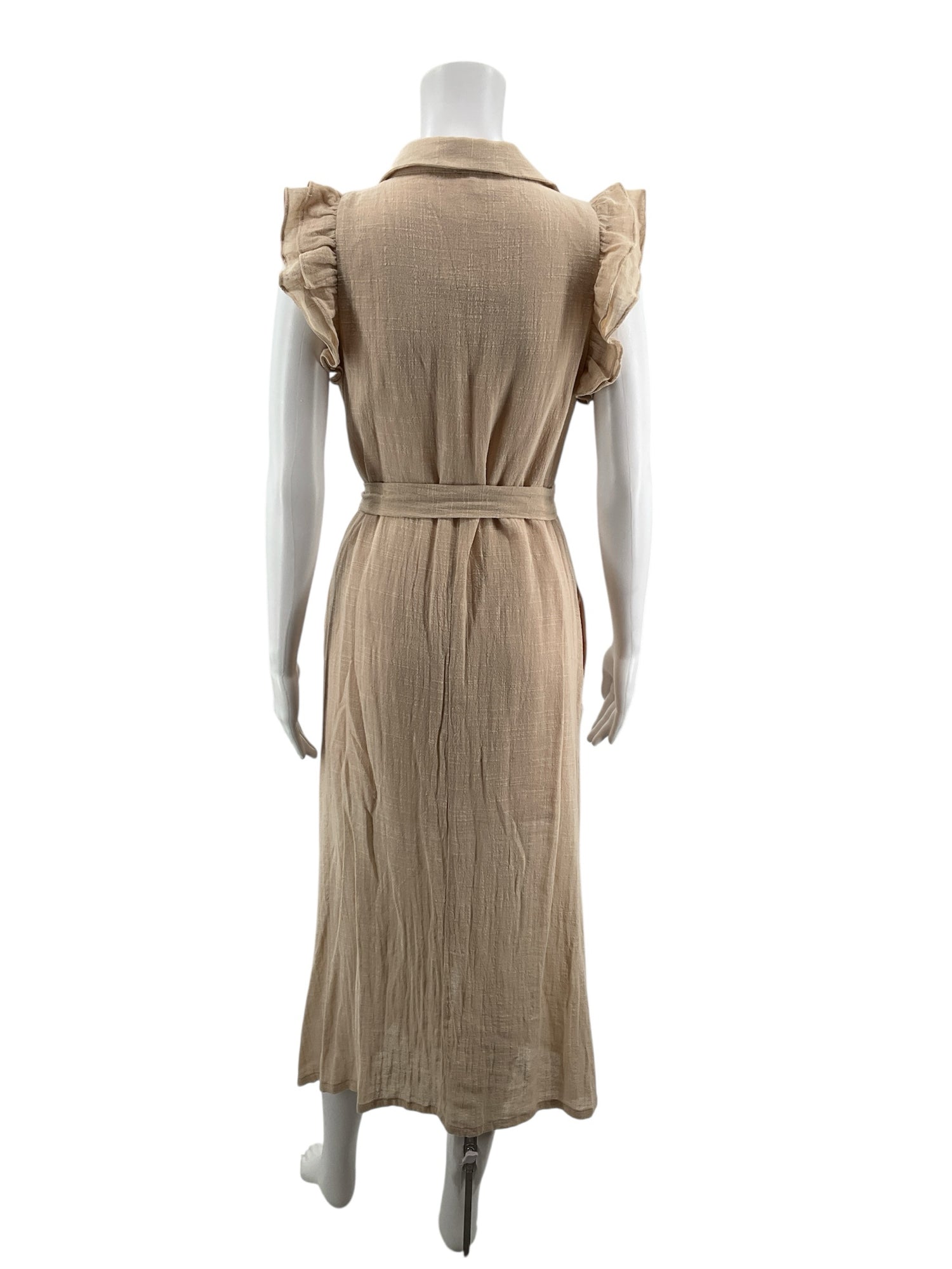 Fate Tan Maxi Tan Cotton Gauze Ruffle Sleeve Button Front Maxi Dress Size Small - Size S