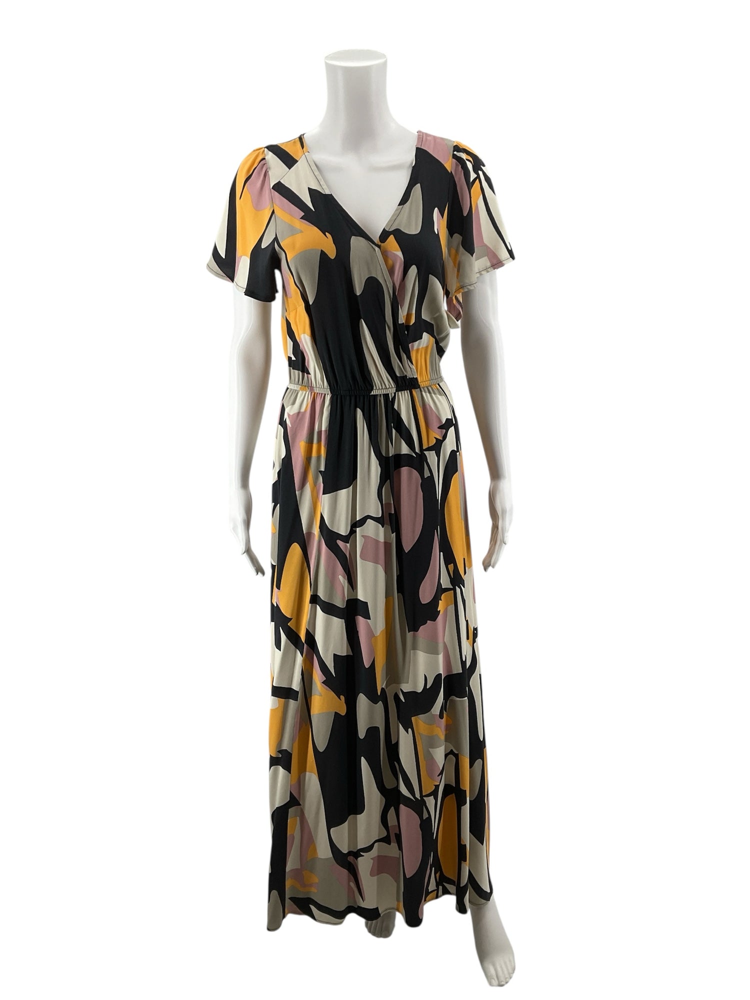 Lascana Abstract Print Flutter Sleeve Maxi Dress with Slit | Size 4