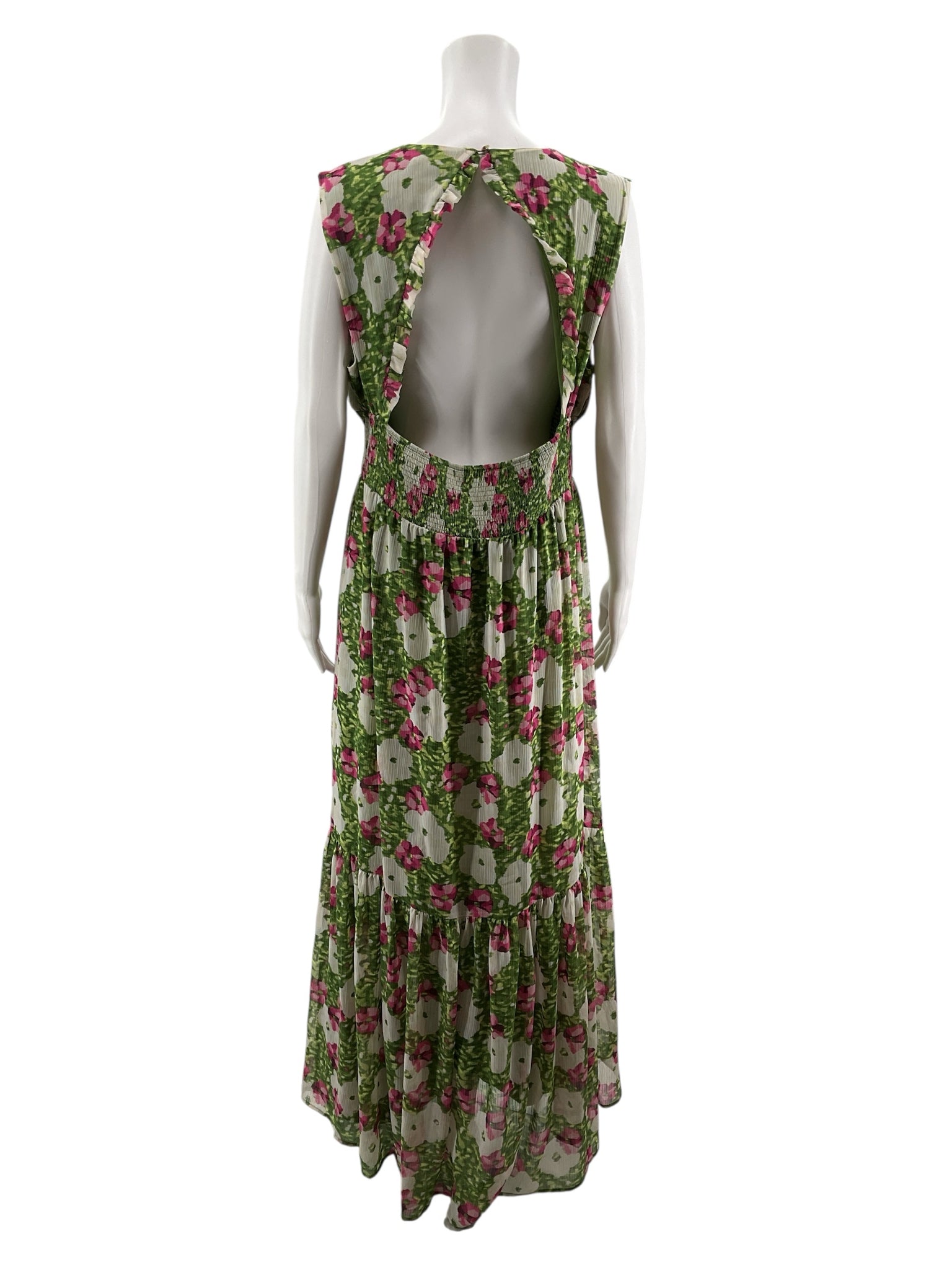 bar III green/pink Maxi Green &amp; Pink Floral Pleated Chiffon Maxi Dress XL - Size XL