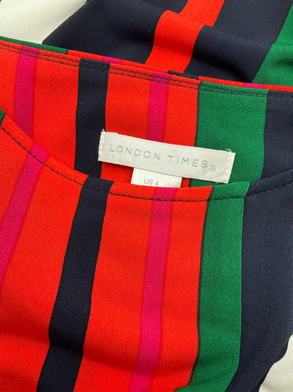 London Times orange/navy/green/white Long Sleeve Vertical Stripe Tie-Waist Dress Size 4 - Size 4