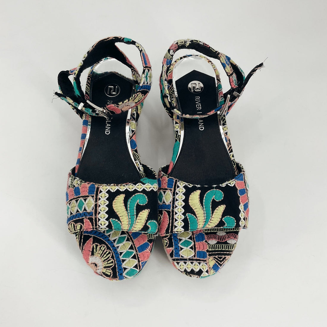 River Island Teal/Black/Pink/Yellow/Blue Pre-Owned Ladies Wedge Sandals - Size 7 - Margaret’s Fine Consignment