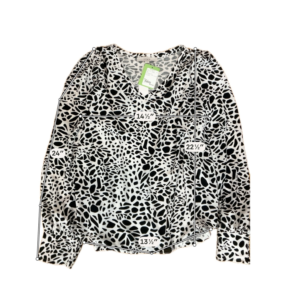 LOFT Black and White Abstract Animal Print Long Sleeve V-Neck Blouse - Size Large - ONLINE ONLY