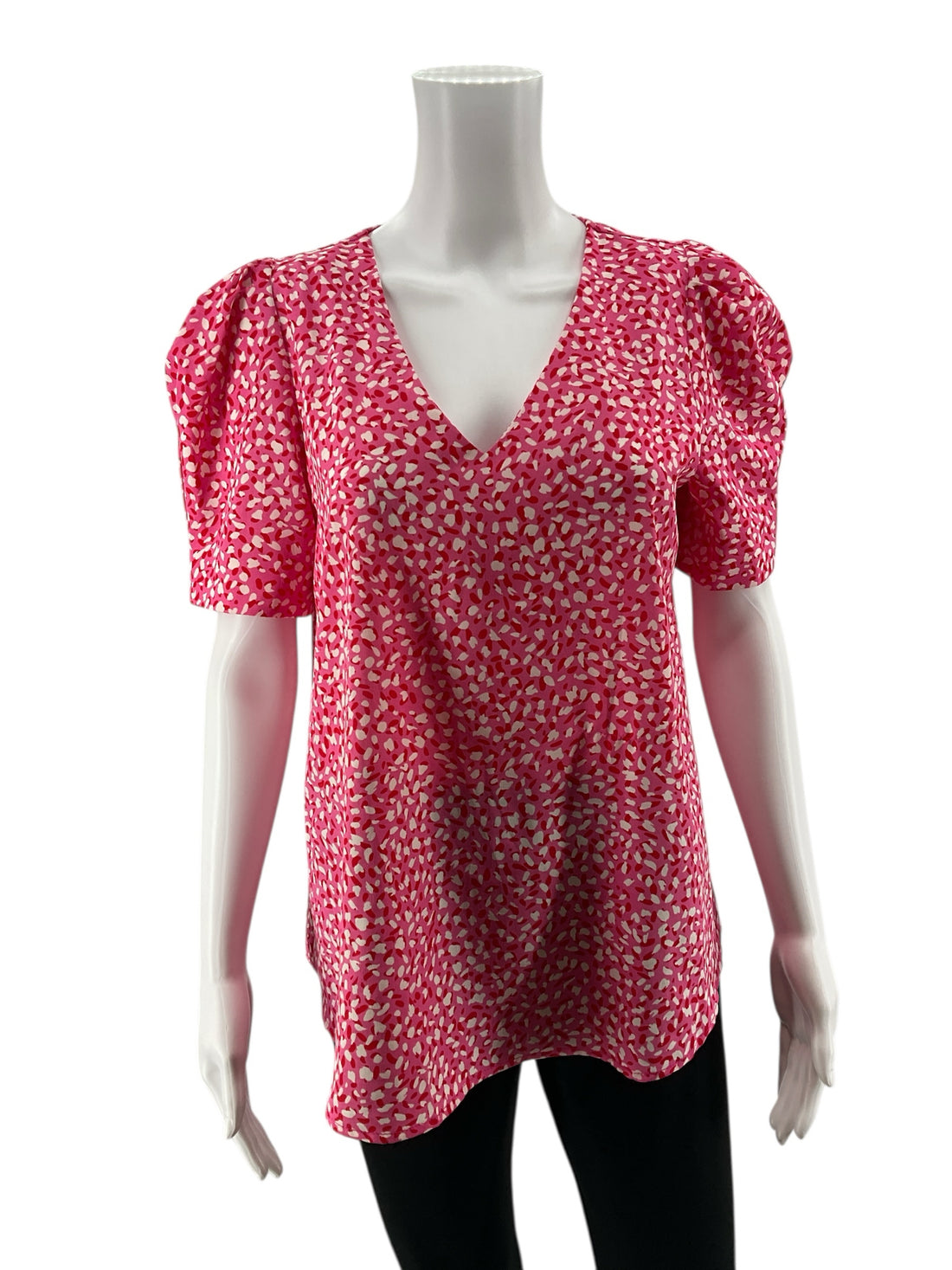 Jodifl pink/red/white Short Sleeve Pink &amp; Red Confetti Dot Puff Sleeve Blouse Top Size Small - Size S