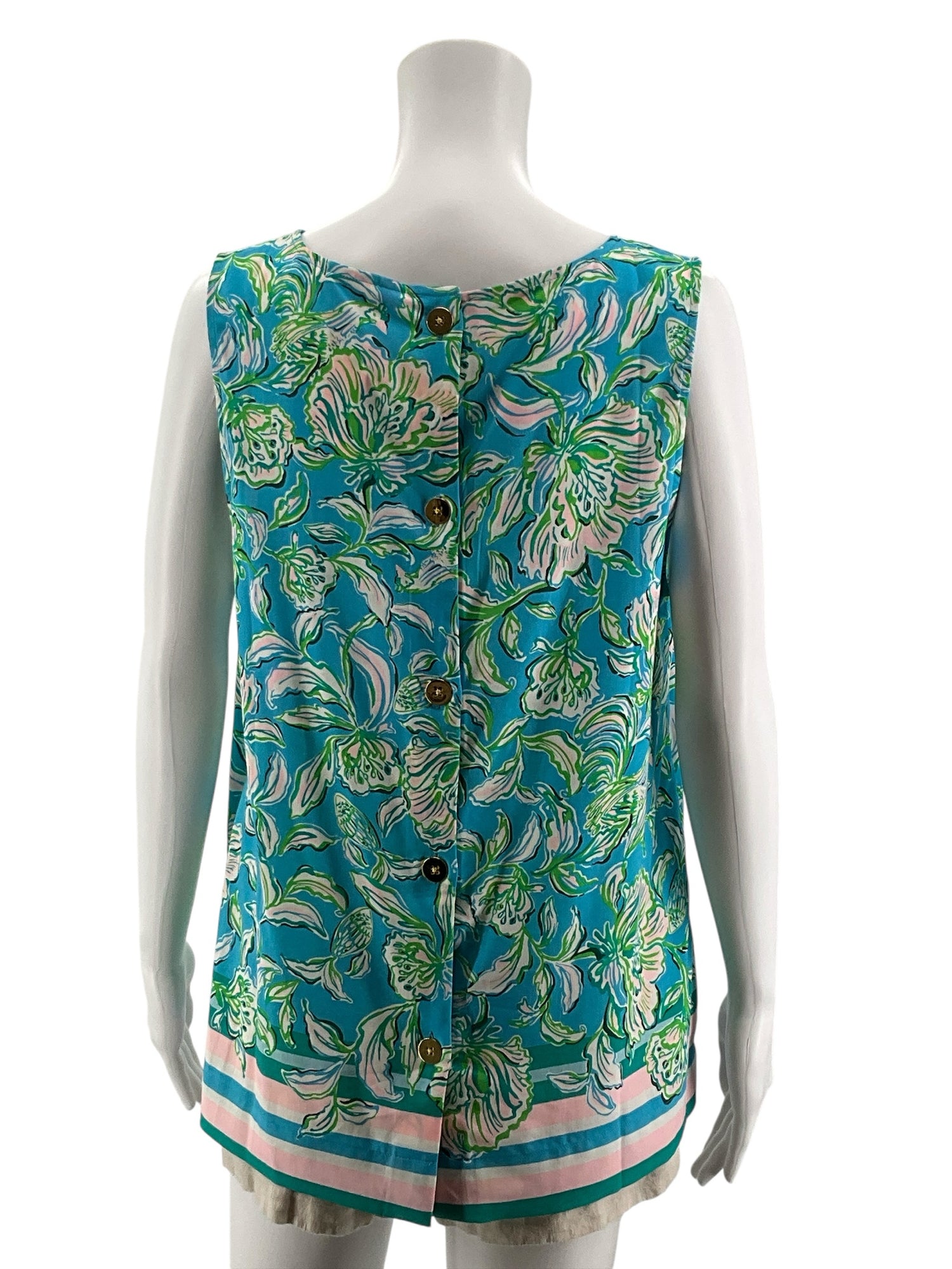 Lilly Pulitzer Florin Button Back Sleeveless Top Large Turquoise Green Floral