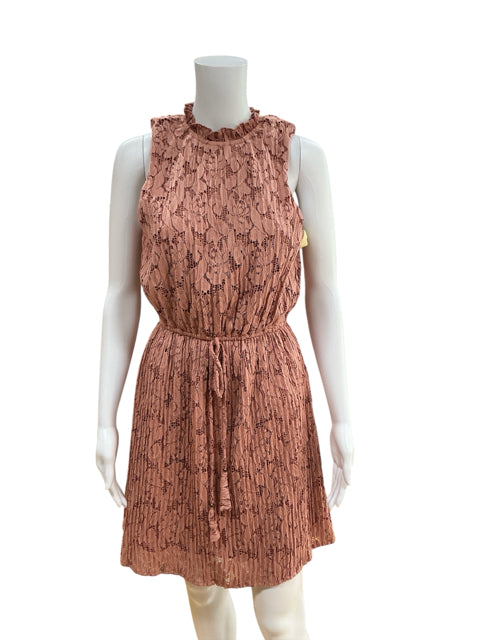 Front view of pre-owned C. Wonder mauve lace dress with pleated A-line cut, mock neck ruffle detail, and sleeveless design in size small.