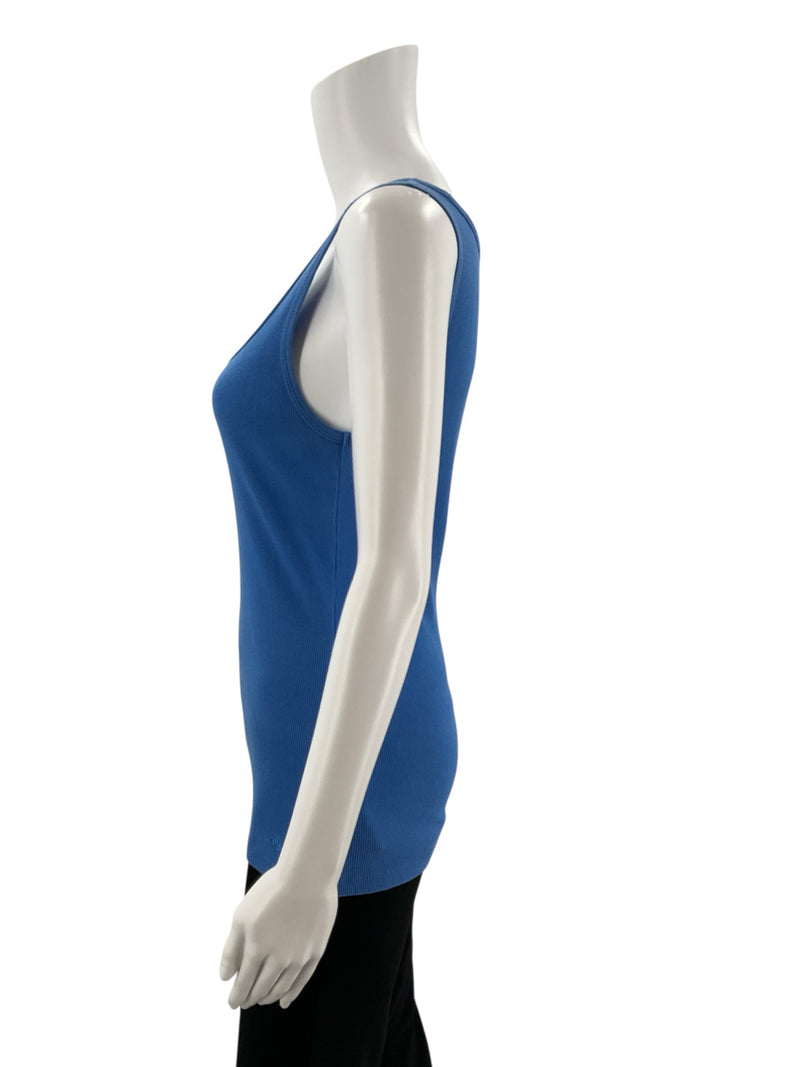 Side profile of Lauren Ralph Lauren blue ribbed cotton tank top in size small on mannequin, highlighting fitted silhouette and scoop neck.