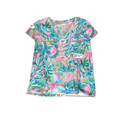 Lilly Pulitzer Michele V-Neck Top Chin Chin Floral Print Pink Turquoise Size Large