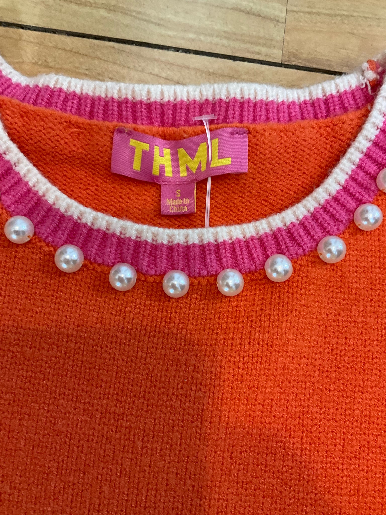 THML Pearl Trim Colorblock Sleeveless Sweater Top Orange Pink Size Small