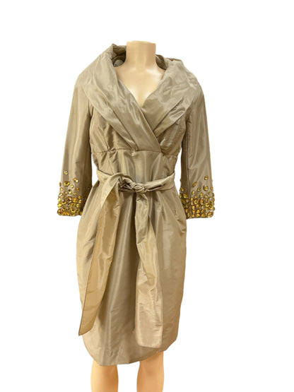 Teri Jon by Ricki Freeman Champagne Taffeta Beaded Cuff Coat Dress Size 4