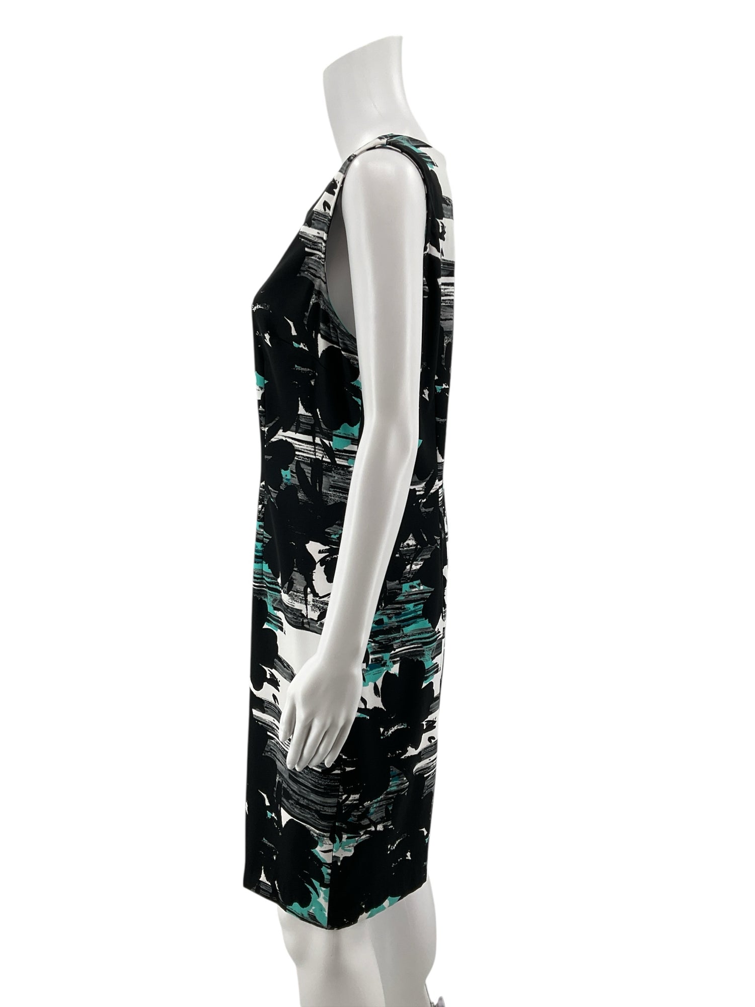 Connected Apparel Floral Sheath Dress Black White Teal Size 12