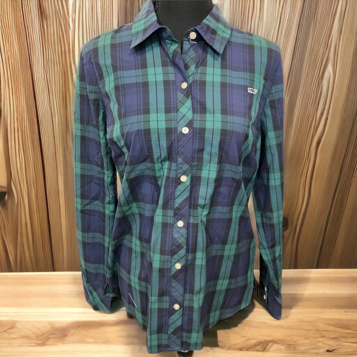 Vineyard Vines Size 6 navy/green Plaid Casual Top